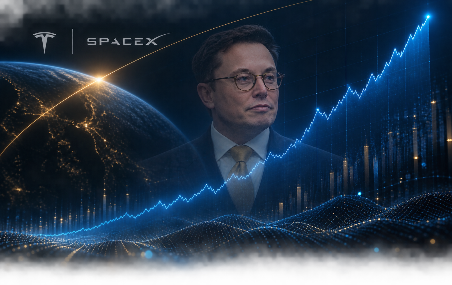 Portrait of Elon Musk between Earth from space and a rising blue market chart with the Tesla and SpaceX wordmarks